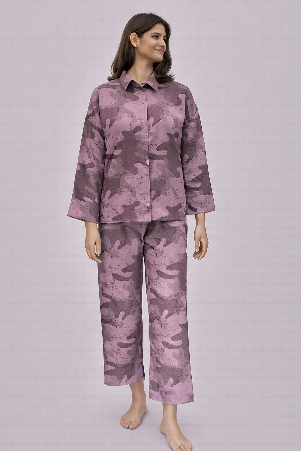 Women’s Pink Camouflage Printed Night Suit Set