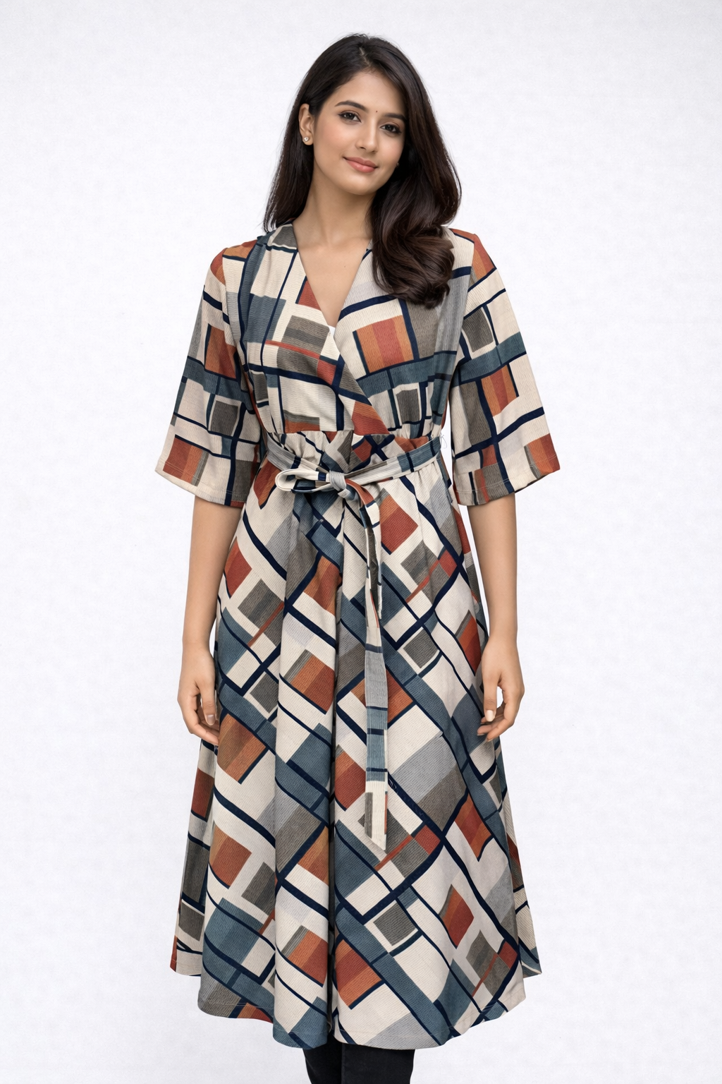 Women’s Geometric Print Belted Midi Dress