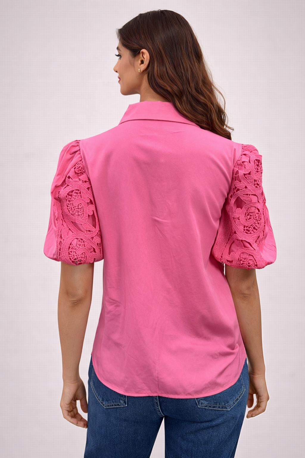 Women’s Pink Lace Short-Sleeve Button-Down Shirt