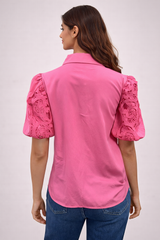 Women’s Pink Lace Short-Sleeve Button-Down Shirt