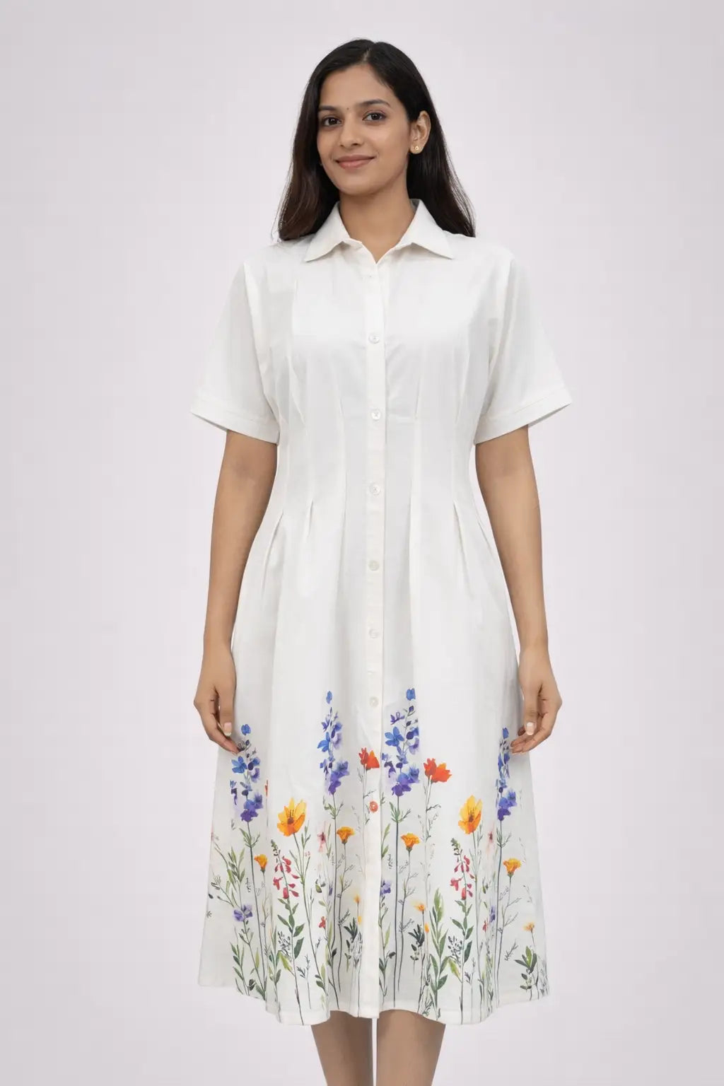 Women's Floral Embroidered Shirt Dress in White - Elegant Floral Design for Every Occasion - ASTRON