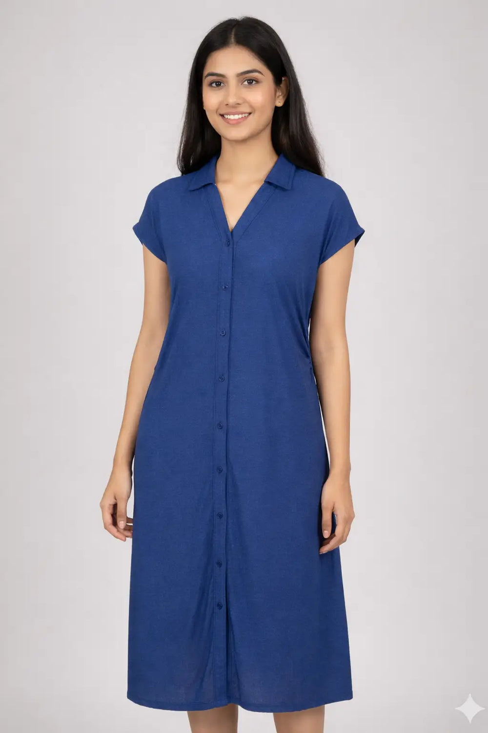 Women's Blue Midi Dress - Casual Button-Down Dress for Everyday Wear - ASTRON