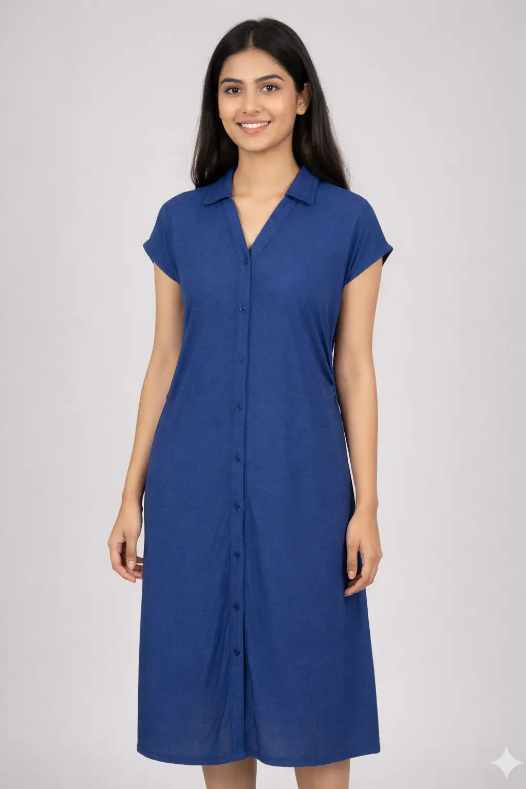 Women's Blue Midi Dress - Casual Button-Down Dress for Everyday Wear - ASTRON