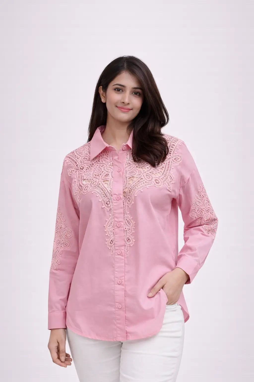 Women’s Pink Embroidered Lace Detail Shirt - ASTRON