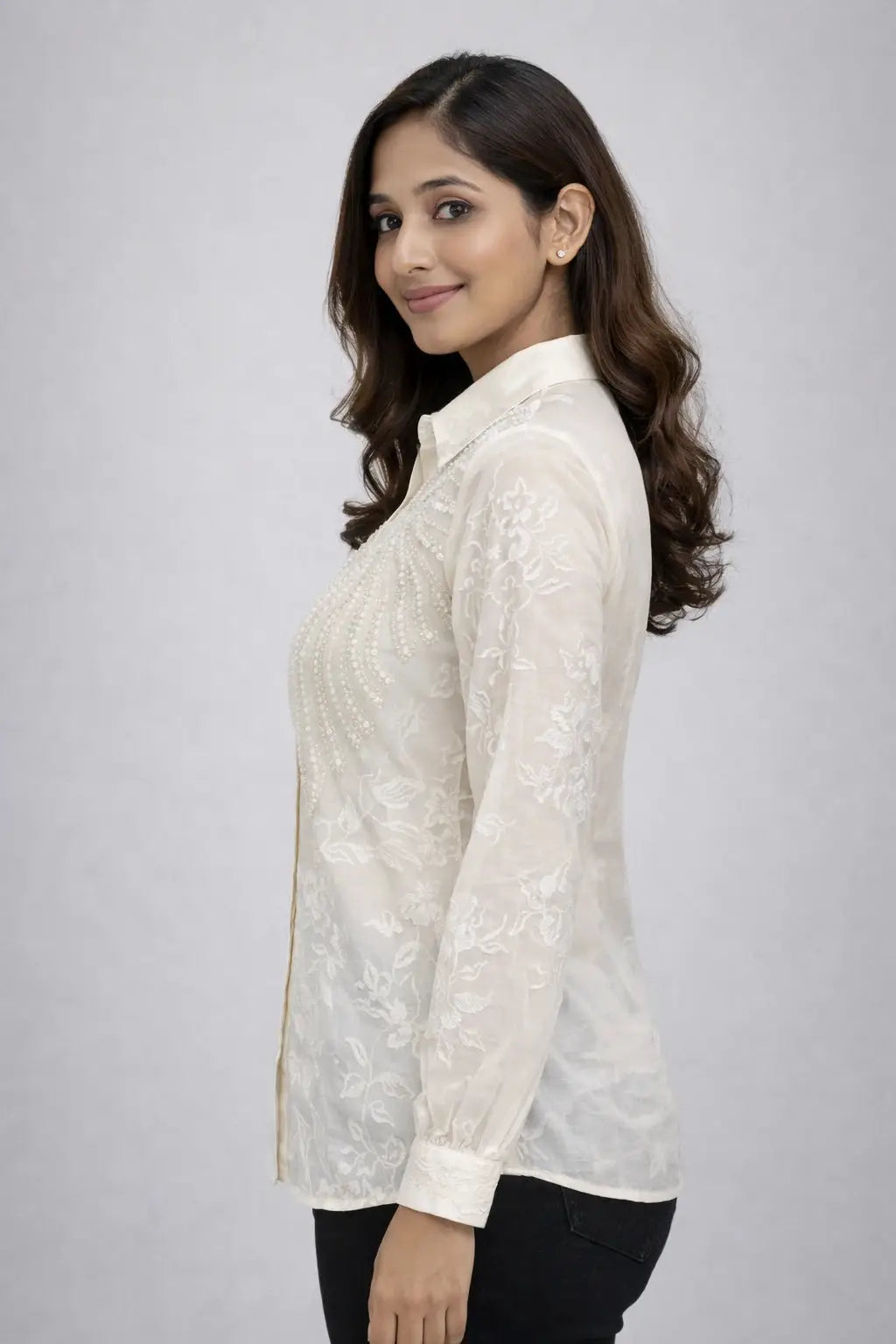 Women’s Ivory Embroidered Full-Sleeve Loose Fit Shirt - ASTRON