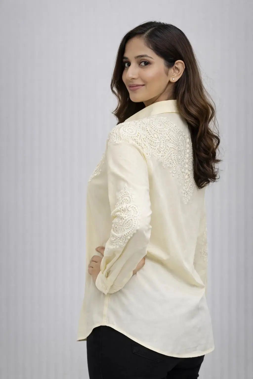 Women’s Yellow Lace-Embroidered Full-Sleeve Shirt - ASTRON
