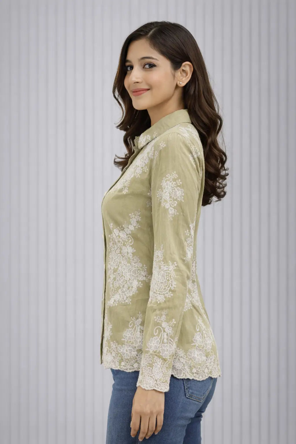 Women’s Olive Green Embroidered Button-Down Shirt - ASTRON