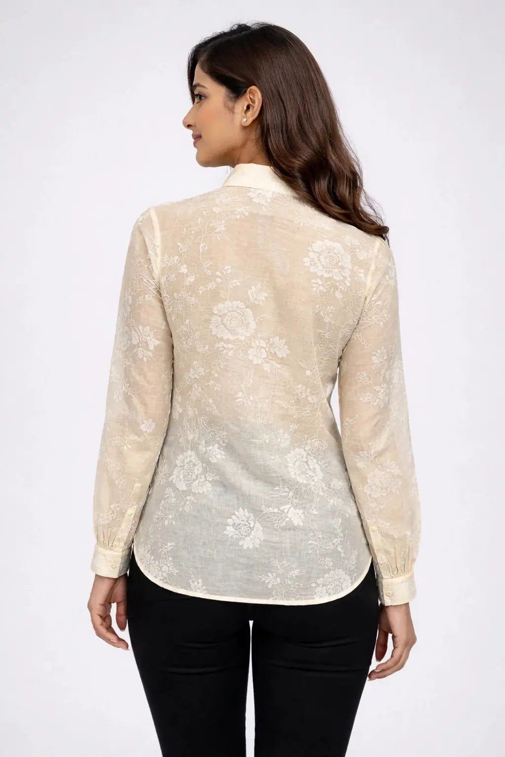 Women’s Ivory Embroidered Full-Sleeve Loose Fit Shirt - ASTRON