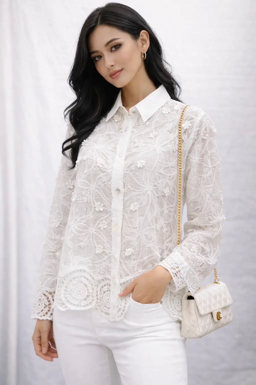 Women’s Lace Shirt with Embroidered Lace Detail - ASTRON
