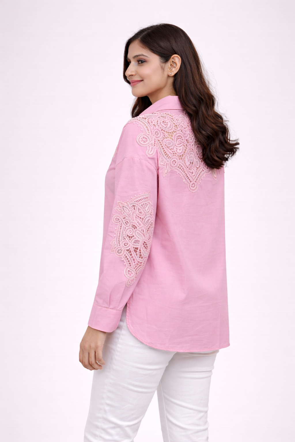 Women’s Pink Embroidered Lace Detail Shirt