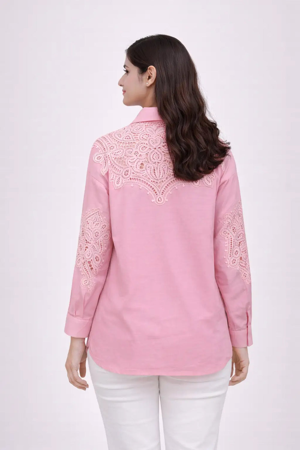 Women’s Pink Embroidered Lace Detail Shirt - ASTRON