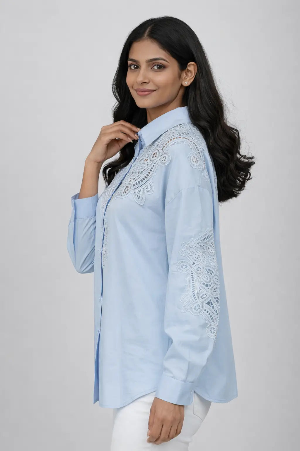Women’s Sky Blue Embroidered Lace Detail Shirt - ASTRON
