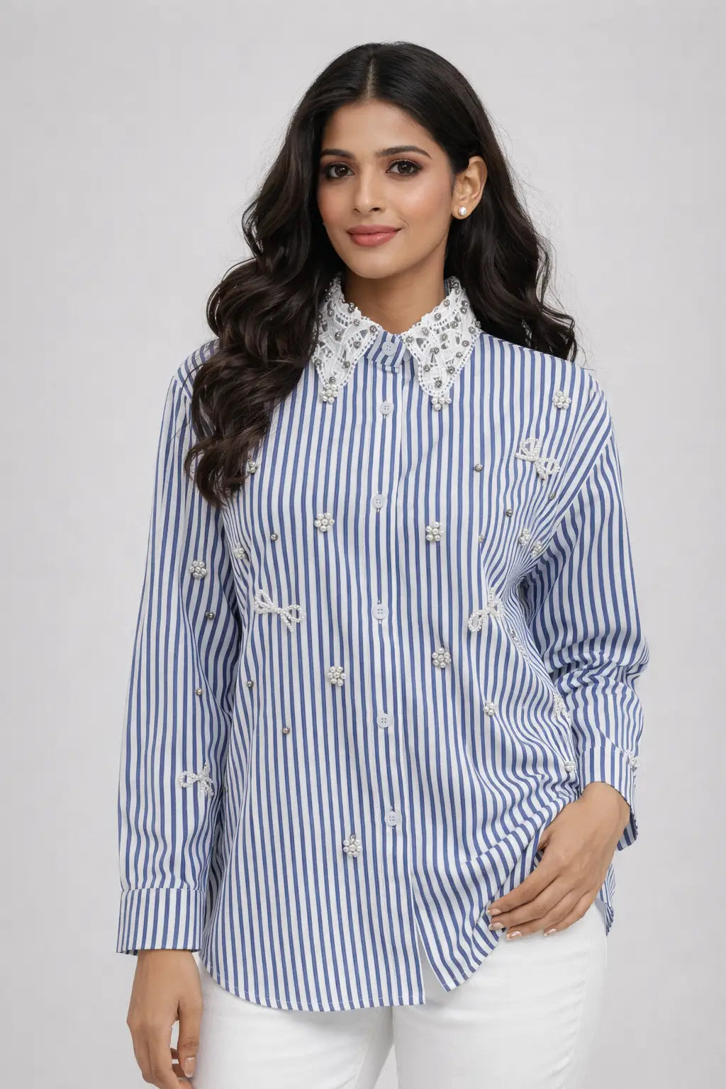 Women's Embellished Striped Shirt for Effortless Style and Chic Fashion - ASTRON