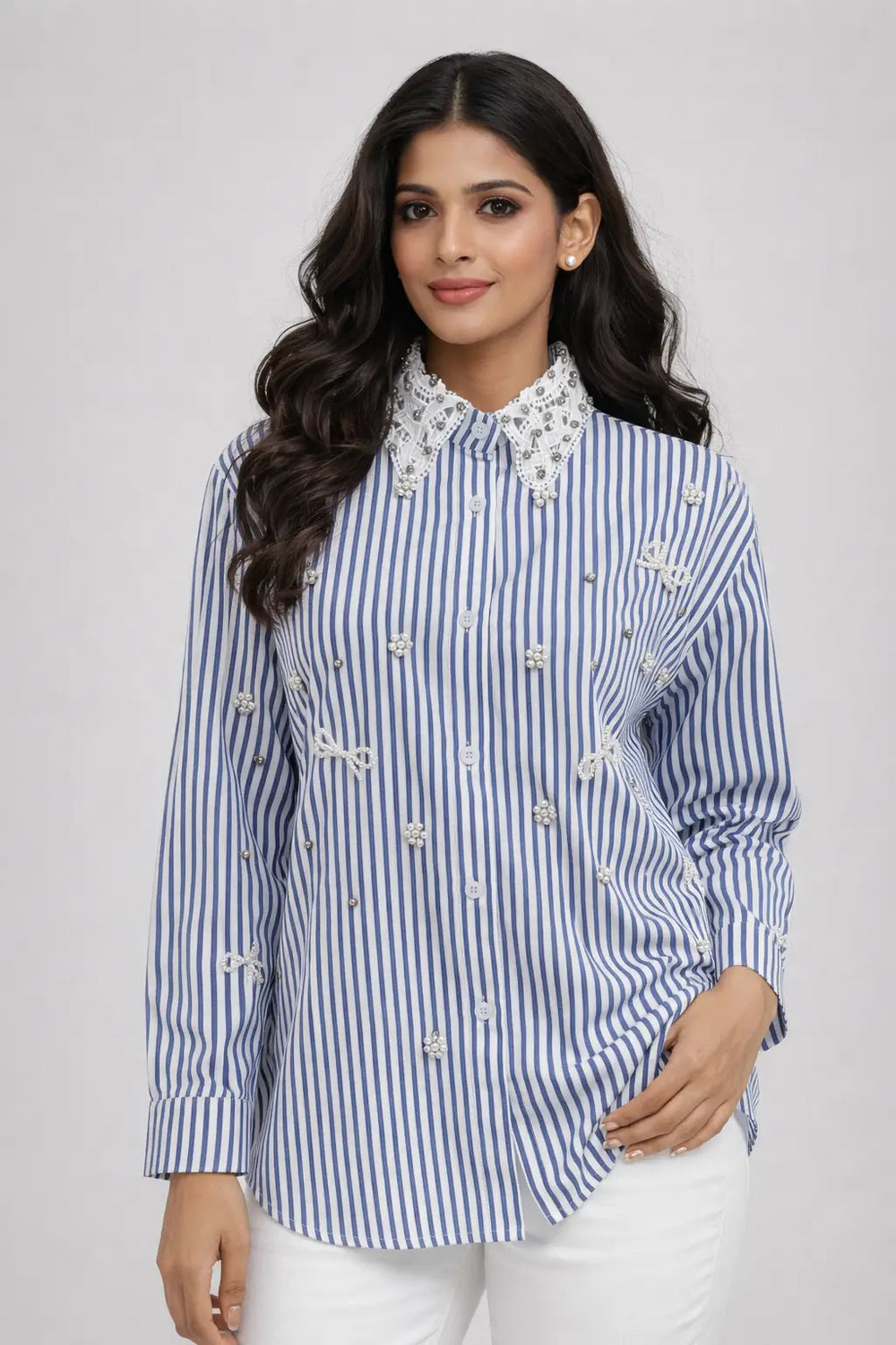 Women's Embellished Striped Shirt for Effortless Style and Chic Fashion - ASTRON