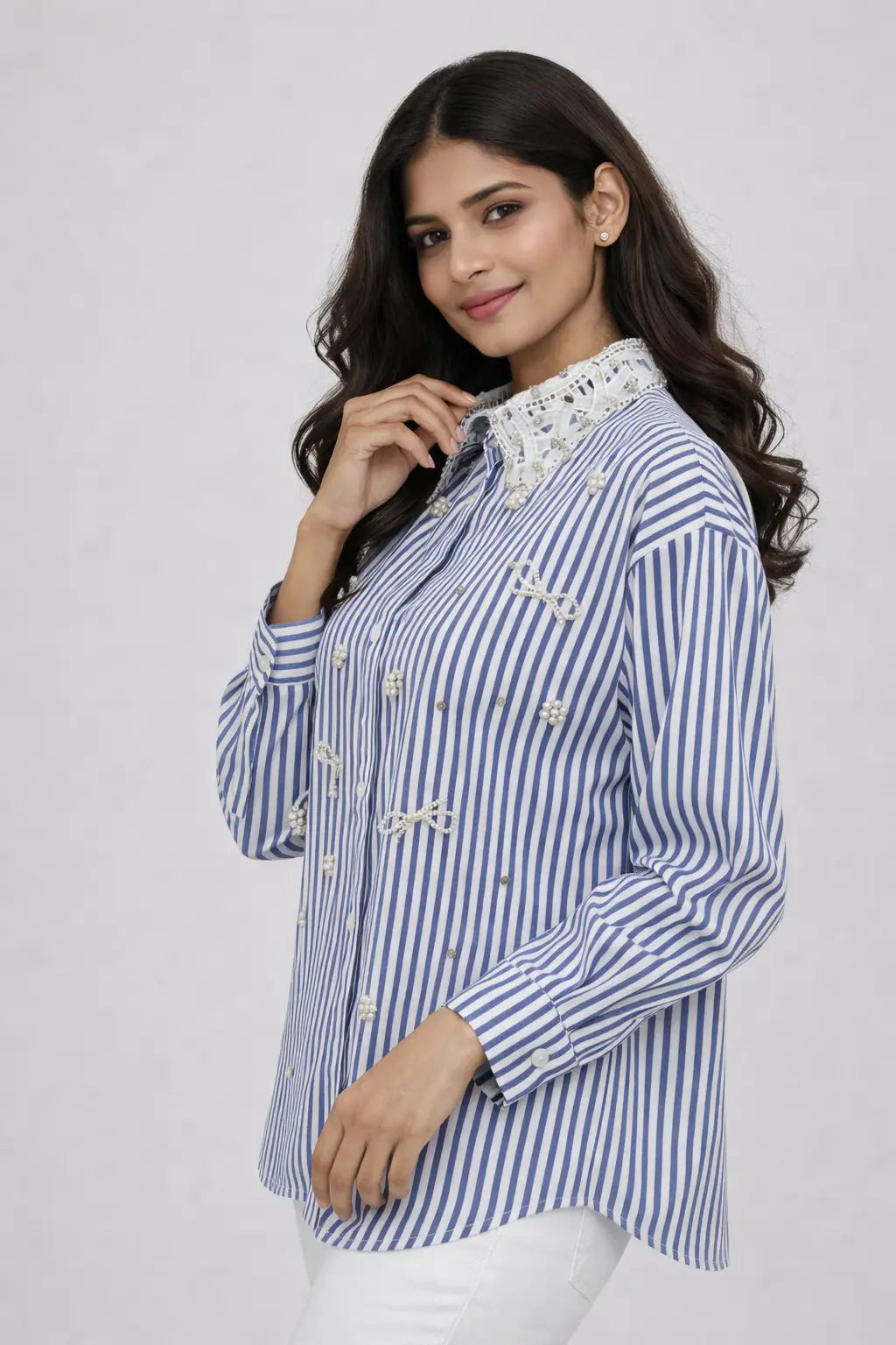 Women's Embellished Striped Shirt for Effortless Style and Chic Fashion - ASTRON