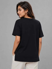 Women's Black Floral Appliqué Casual Top