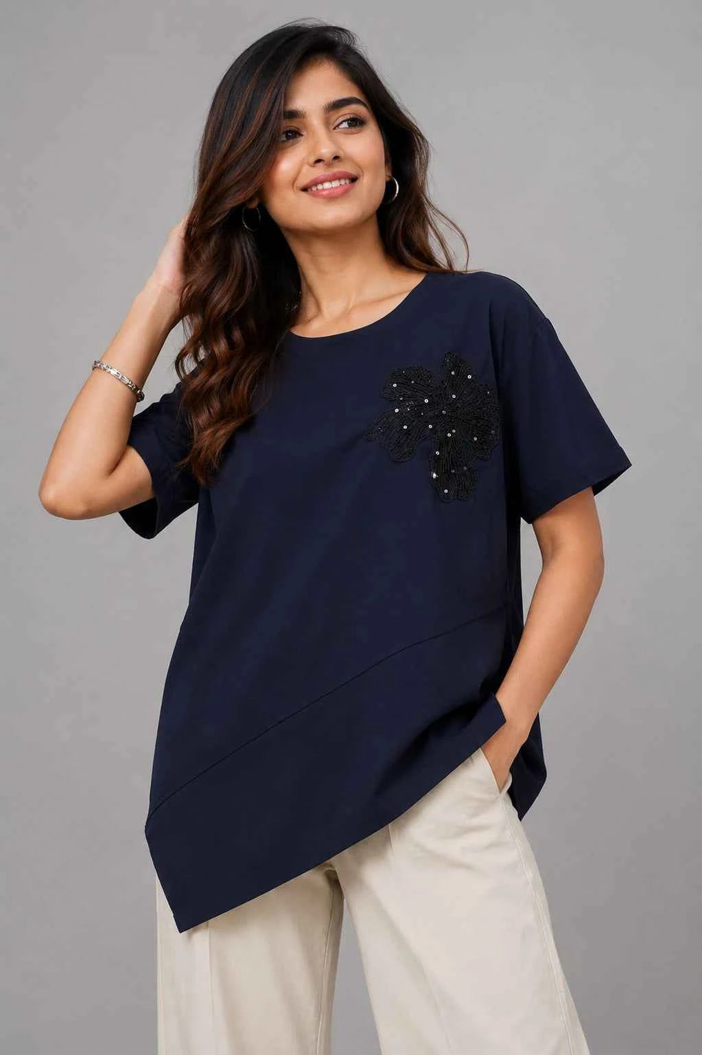 Women's Navy Blue Asymmetric Floral Appliqué Top