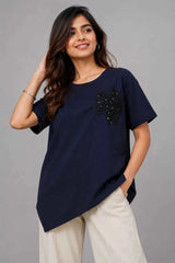 Women's Navy Blue Asymmetric Floral Appliqué Top