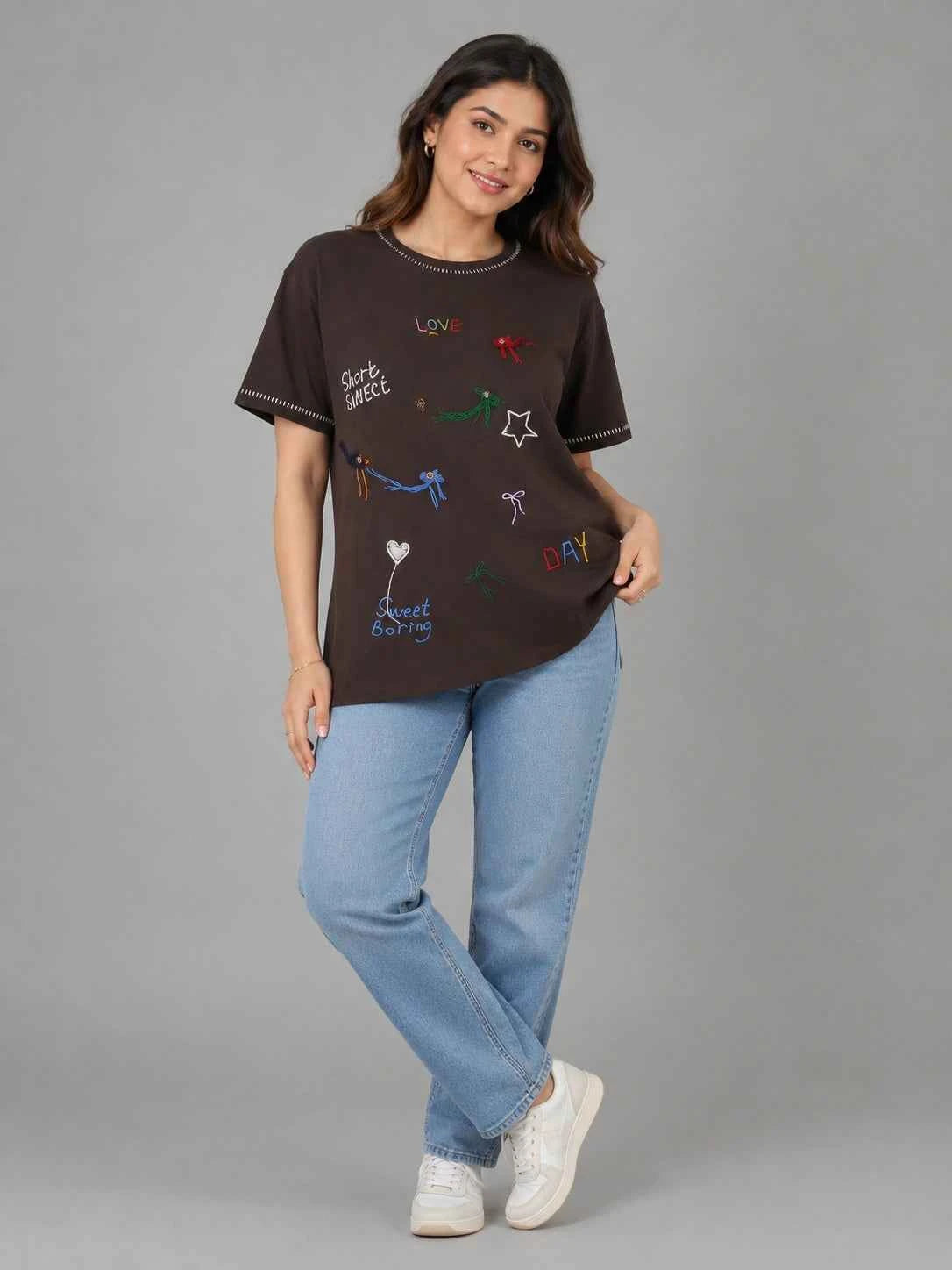 Women's Coffee Brown Embroidered Casual T-Shirt