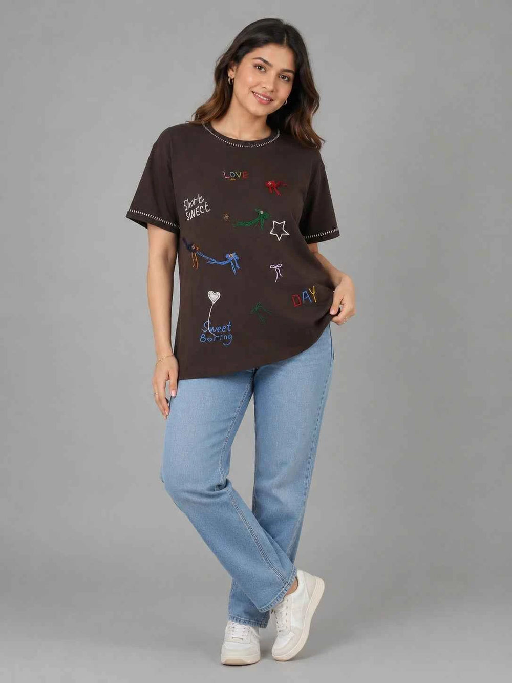 Women's Coffee Brown Embroidered Casual T-Shirt