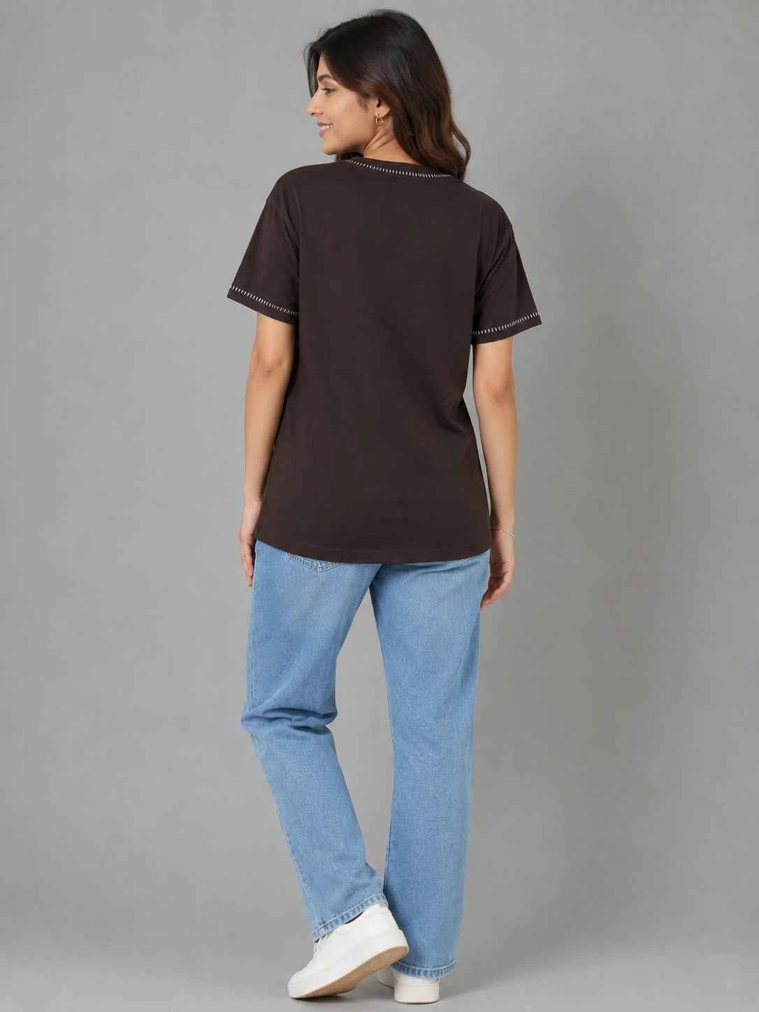 Women's Coffee Brown Embroidered Casual T-Shirt