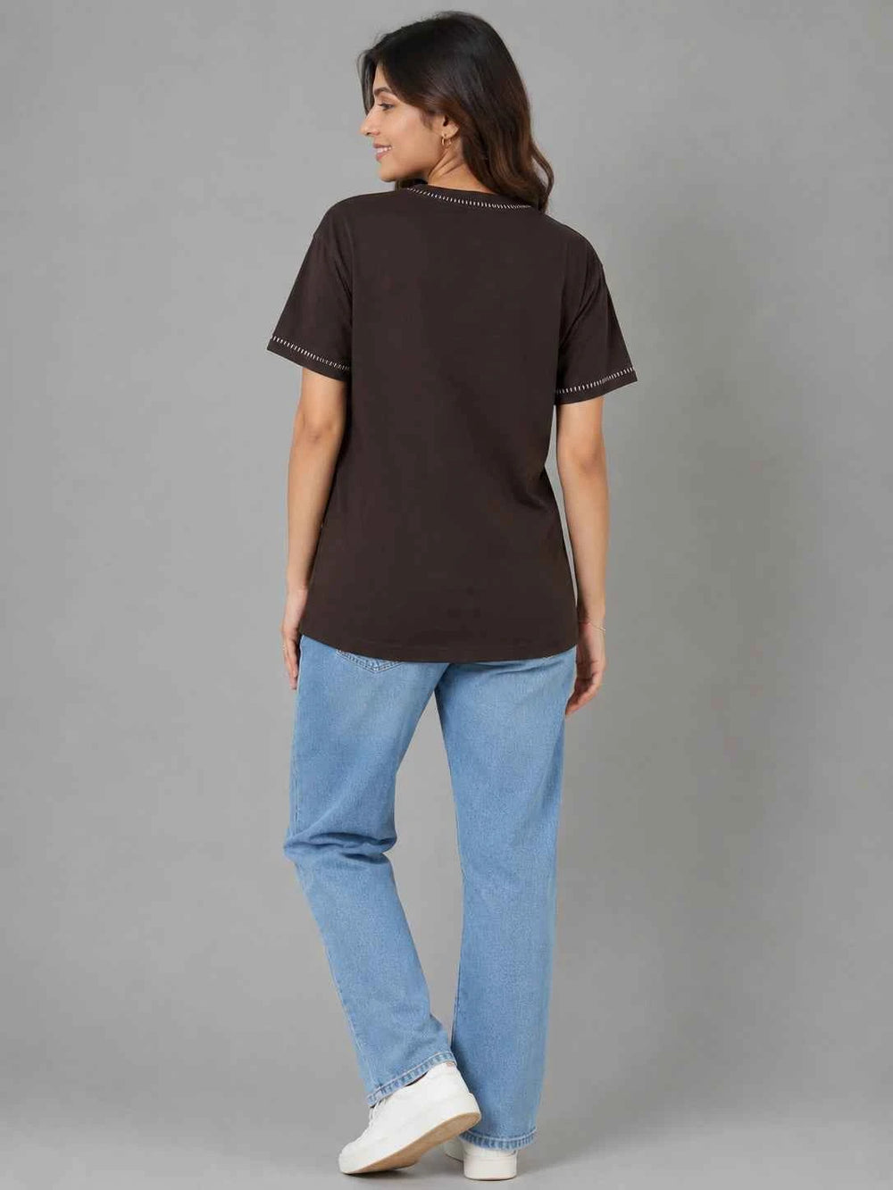 Women's Coffee Brown Embroidered Casual T-Shirt