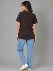 Women's Coffee Brown Embroidered Casual T-Shirt