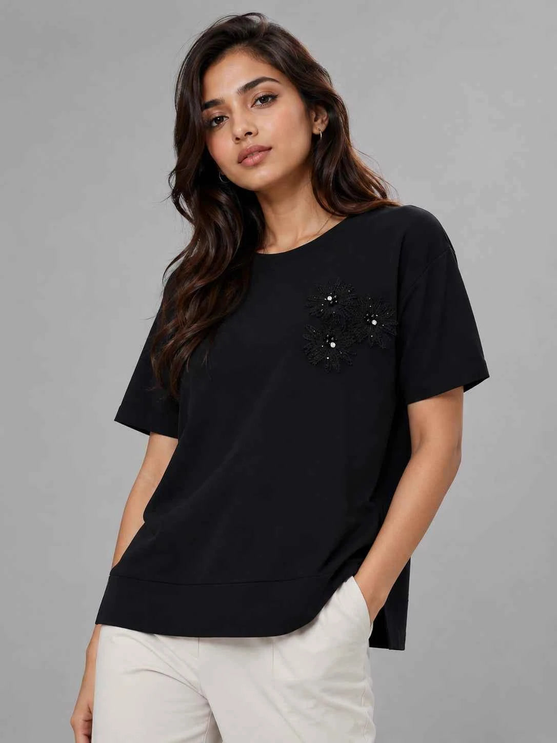 Women's Black Floral Appliqué Casual Top