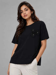Women's Black Floral Appliqué Casual Top