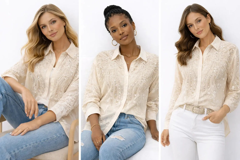 Women’s Ivory Embroidered Full-Sleeve Loose Fit Shirt - ASTRON