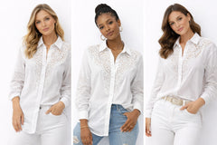 Women’s White Lace-Embroidered Shoulder Down Loose Fit Shirt