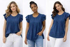 Women’s Blue Ruffle-Sleeve Pintuck Top - ASTRON