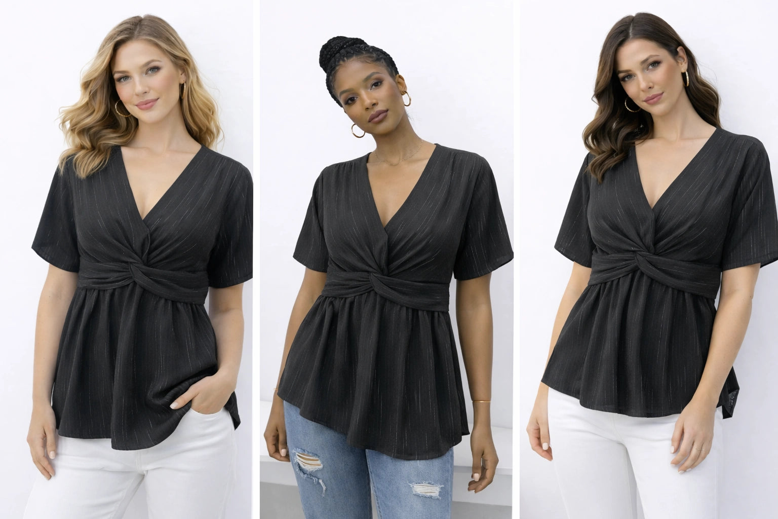Women’s Black Twist-Front V-Neck Top
