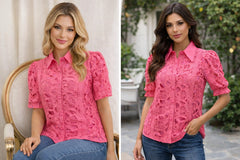 Women’s Pink Lace Short-Sleeve Button-Down Shirt