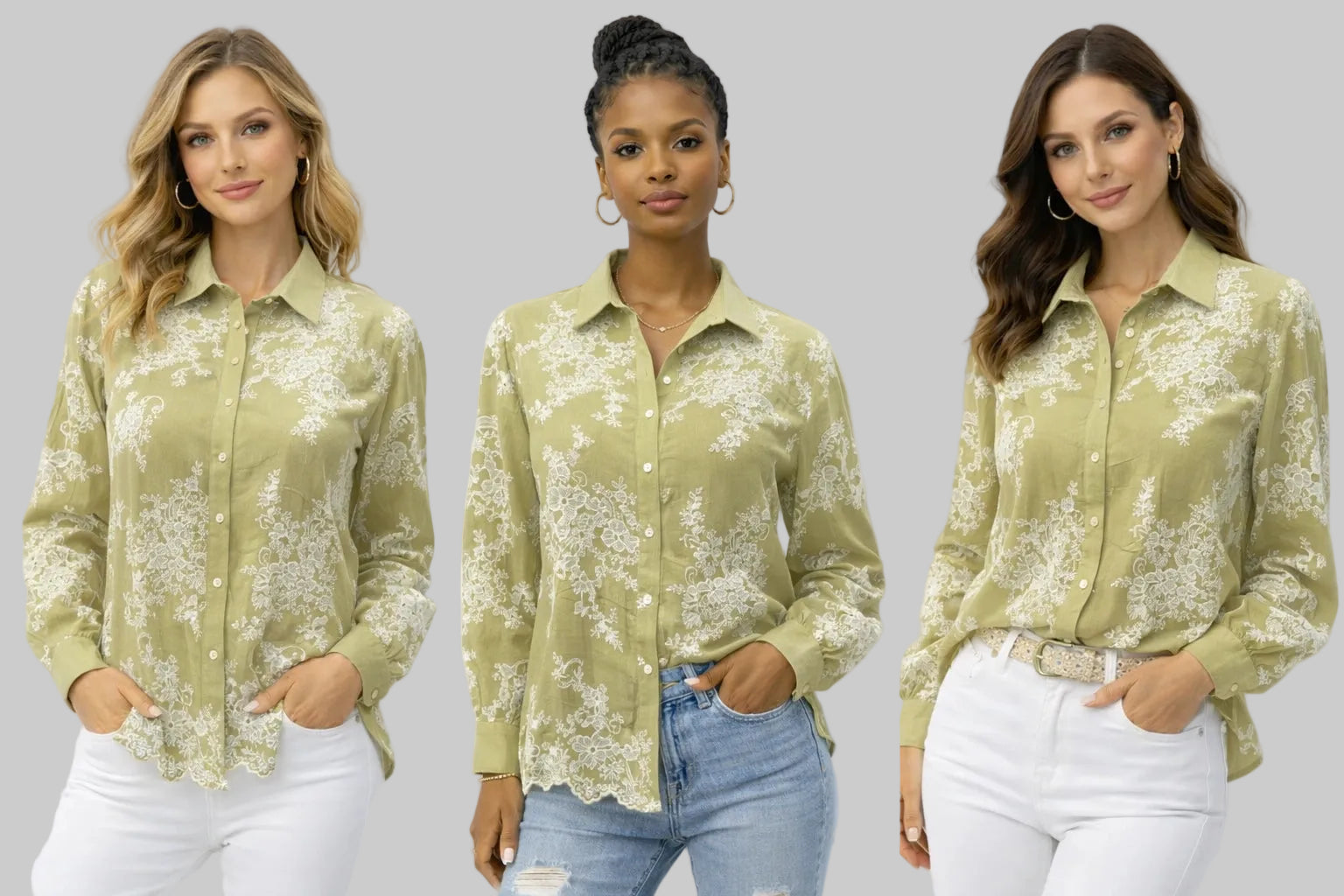 Women’s Olive Green Embroidered Button-Down Shirt