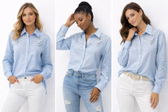 Women’s Sky Blue Embroidered Lace Detail Shirt