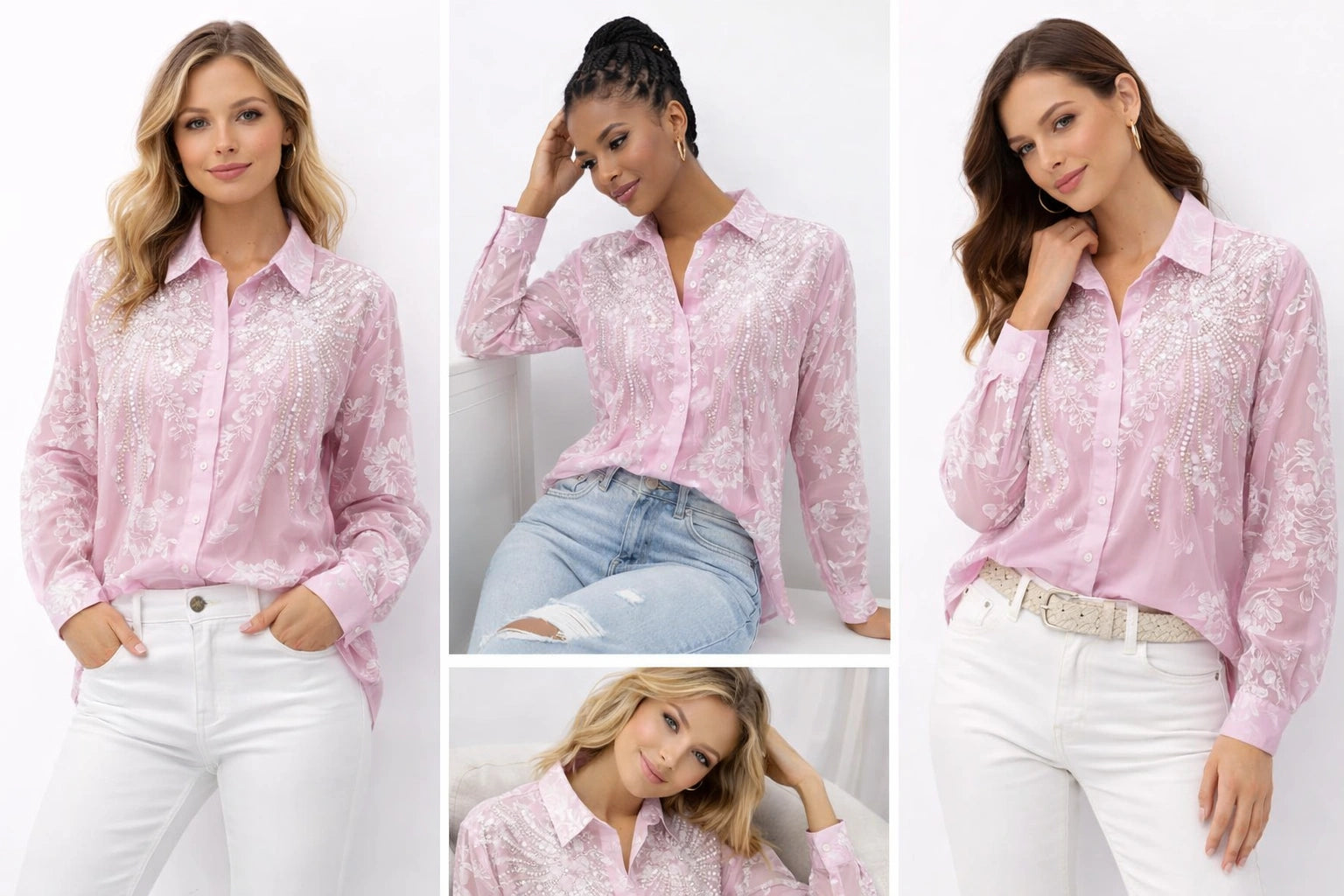 Women’s Ivory Embroidered Full-Sleeve Loose Fit Shirt