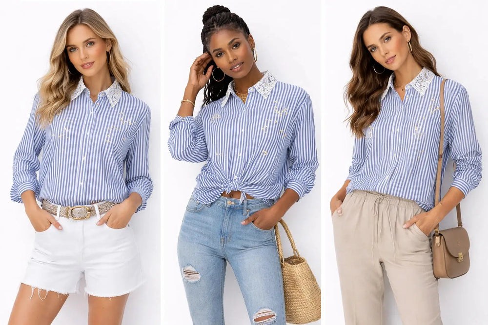 Women's Embellished Striped Shirt for Effortless Style and Chic Fashion - ASTRON