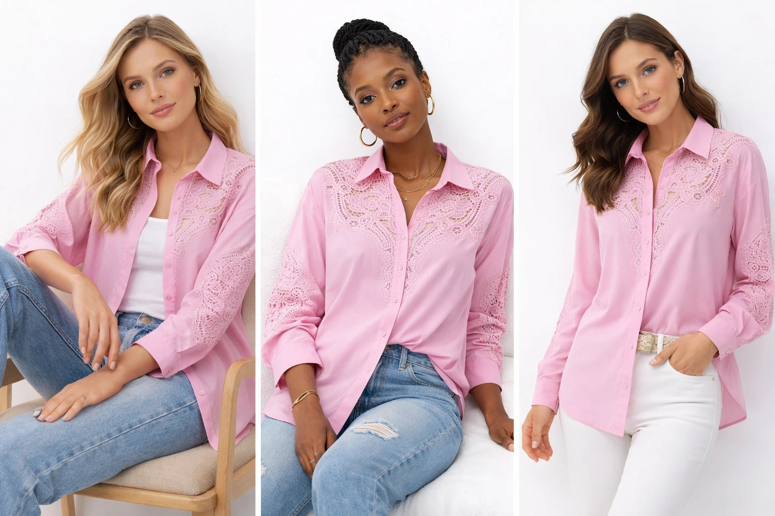 Women’s Pink Embroidered Lace Detail Shirt