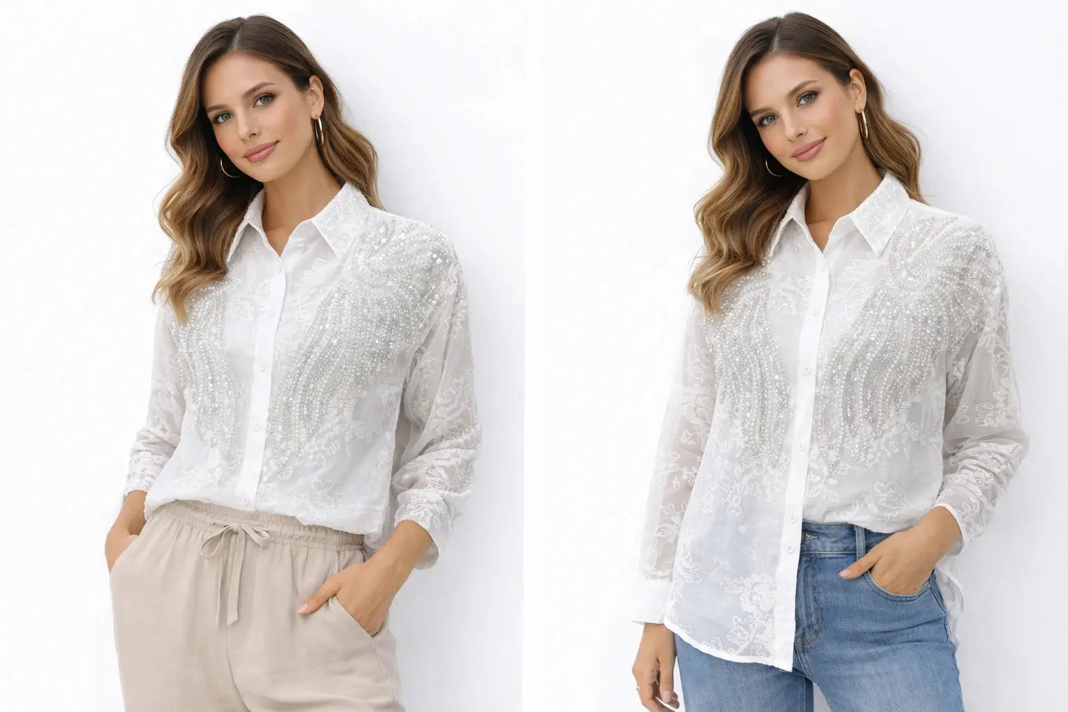 Women’s Ivory Embroidered Full-Sleeve Loose Fit Shirt - ASTRON