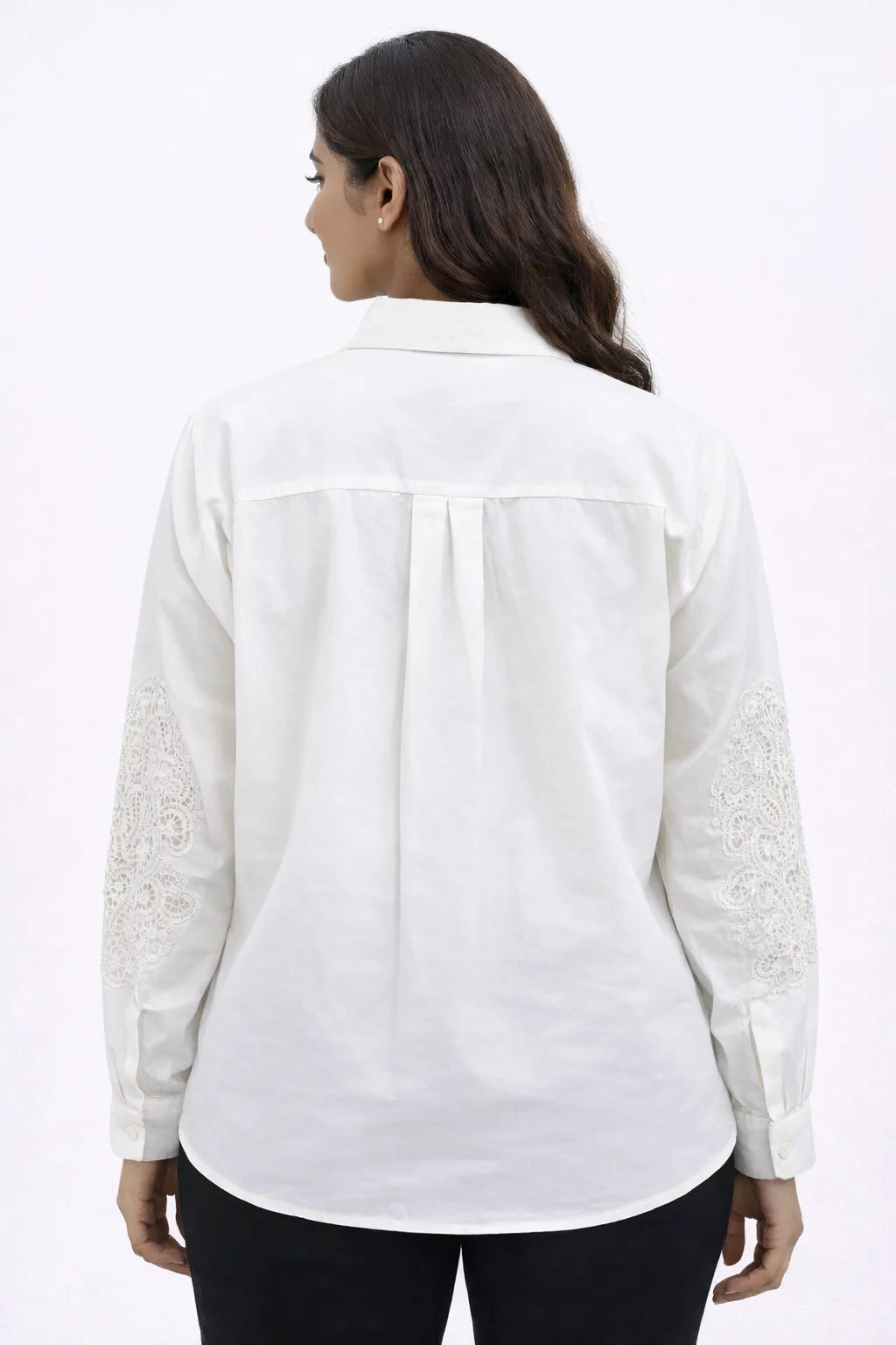 Women’s White Lace-Embroidered Shoulder Down Loose Fit Shirt