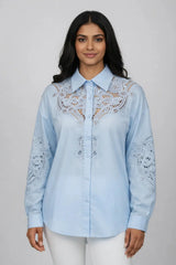 Women’s Sky Blue Embroidered Lace Detail Shirt - ASTRON