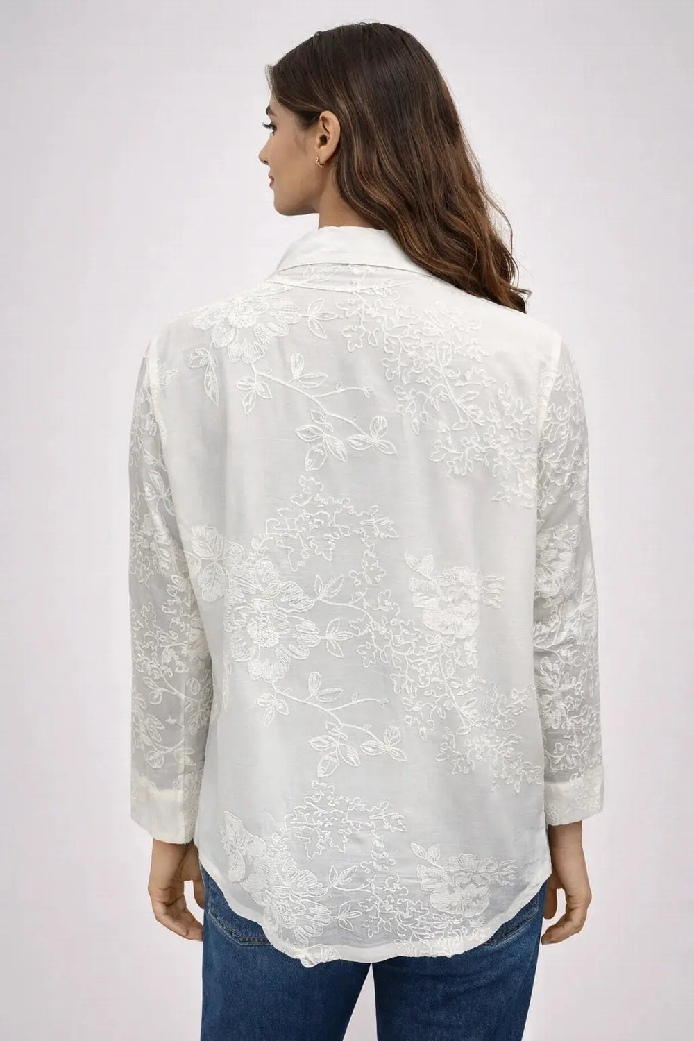 Women’s Ivory Embroidered Full-Sleeve Loose Fit Shirt - ASTRON