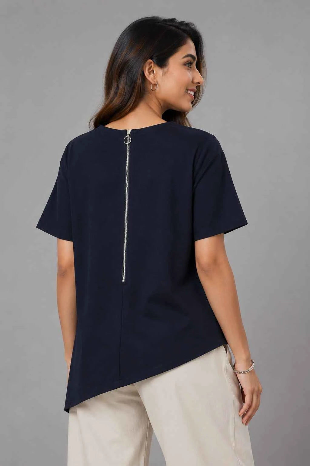 Women's Navy Blue Asymmetric Floral Appliqué Top