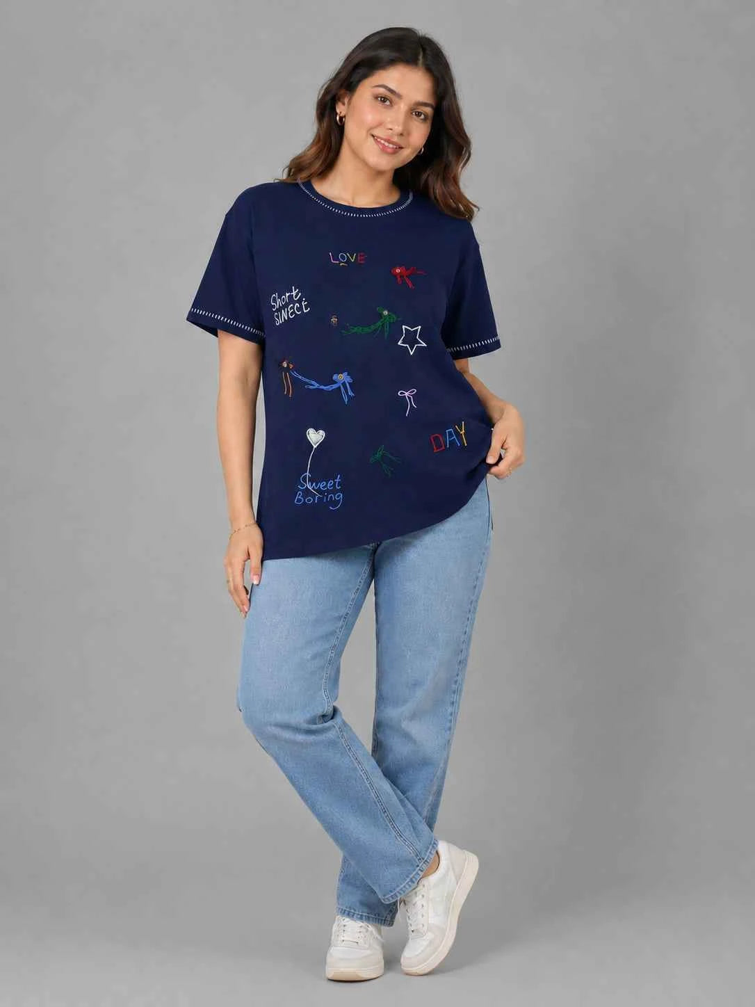 Women's Coffee Brown Embroidered Casual T-Shirt