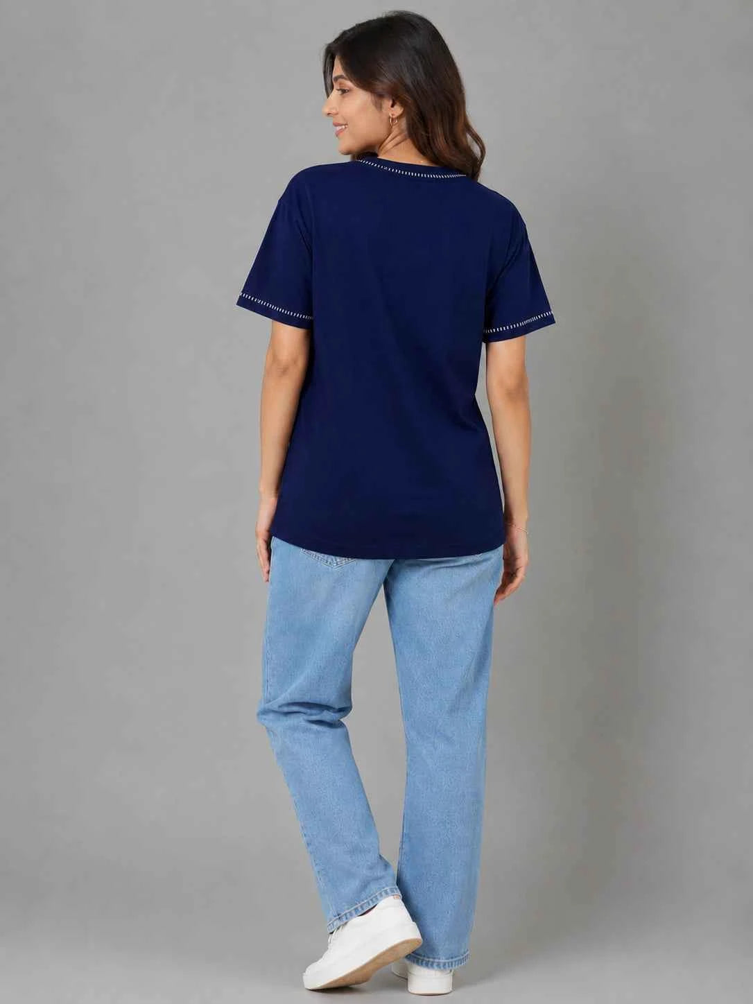 Women's Coffee Brown Embroidered Casual T-Shirt