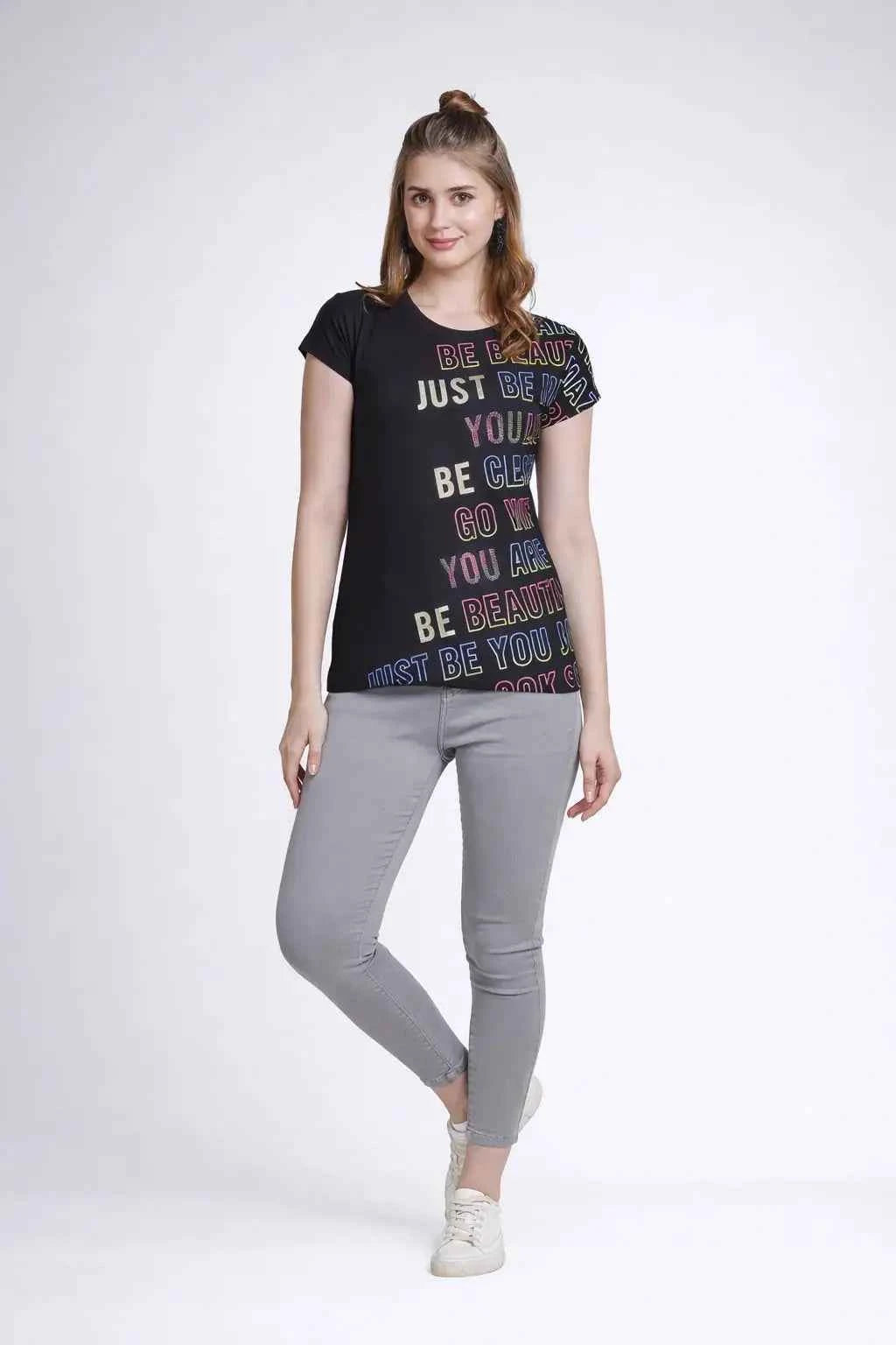 Astron – Round Neck Green Color Typography Print Cotton T-Shirt for Women