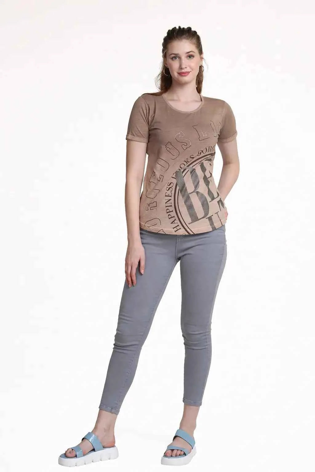 Astron – Printed Round Neck Cotton T-Shirt for Women