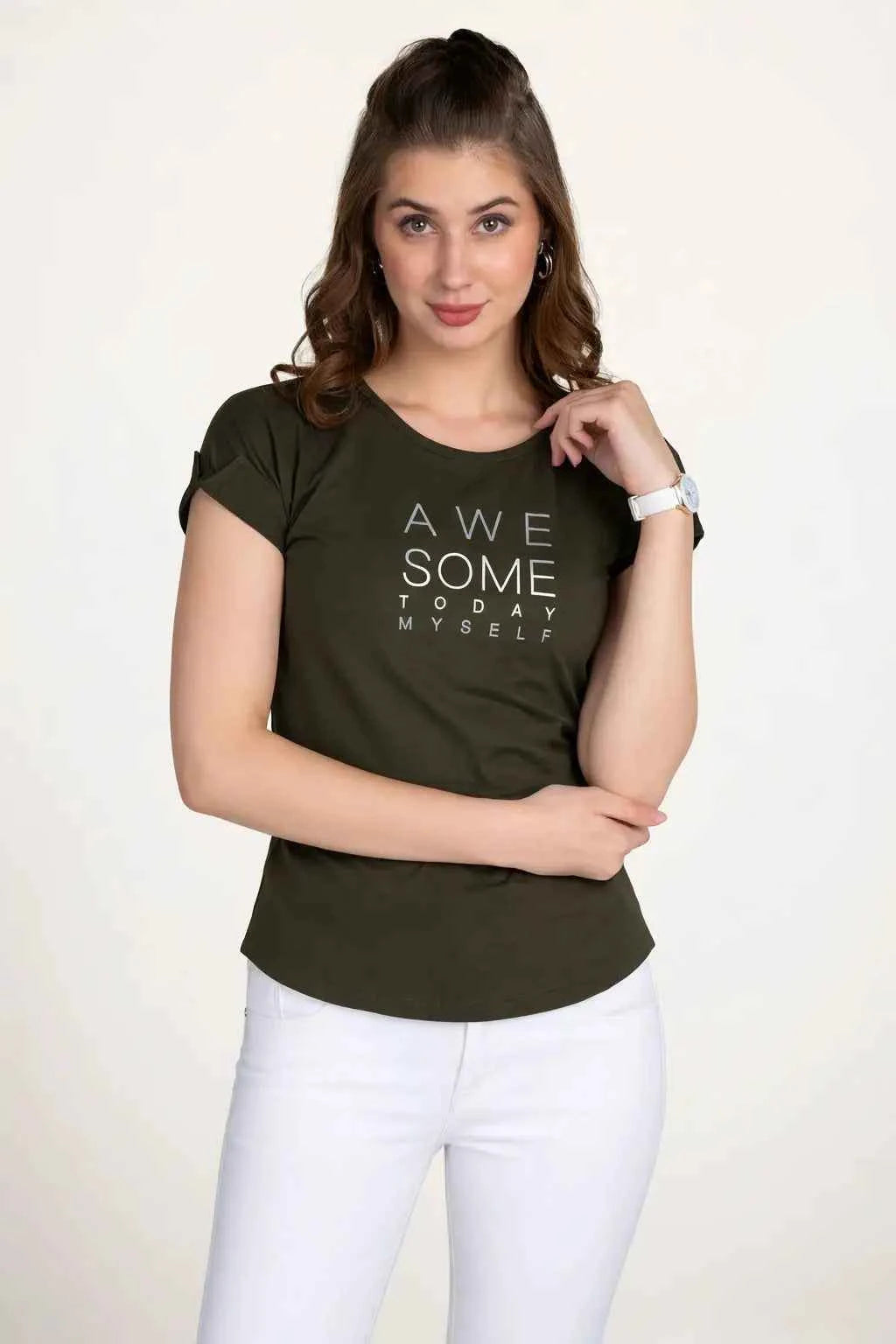 Astron – Round Neck Typography Print Cotton T-Shirt for Women