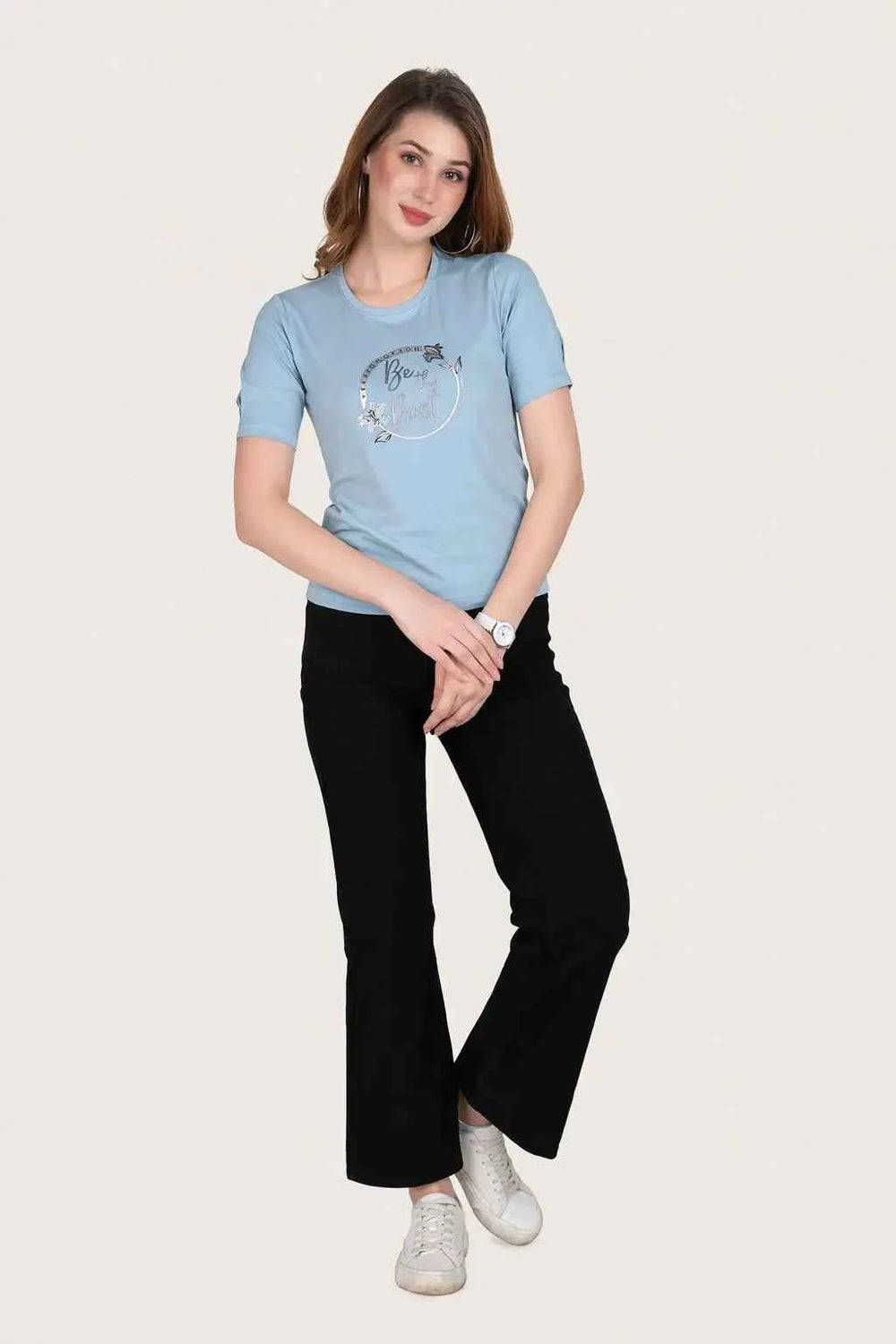 Astron – Designer Printed Round Neck Half Sleeves Cotton T-Shirt for Women